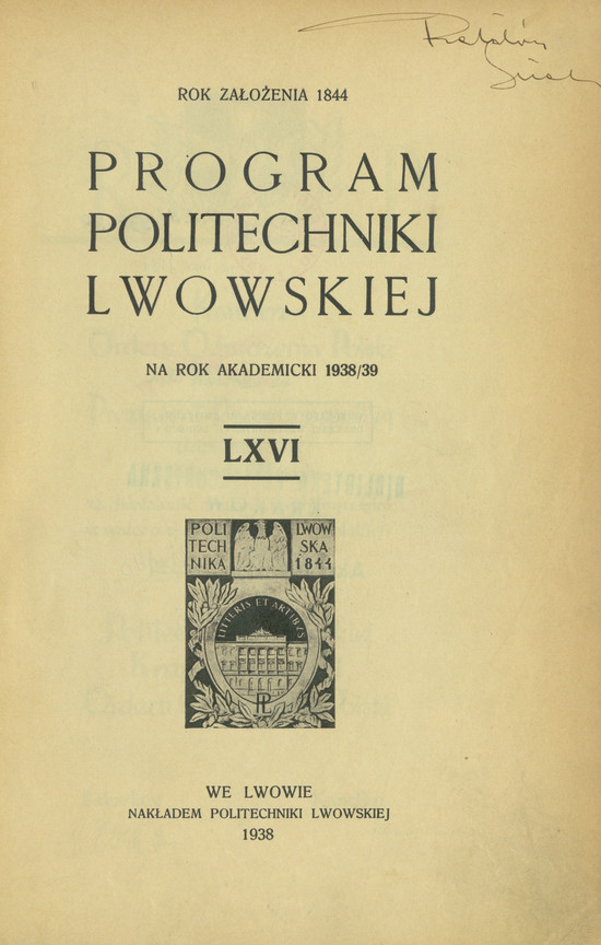 Program Politechniki Lwowskiej : na rok akademicki 1938/39