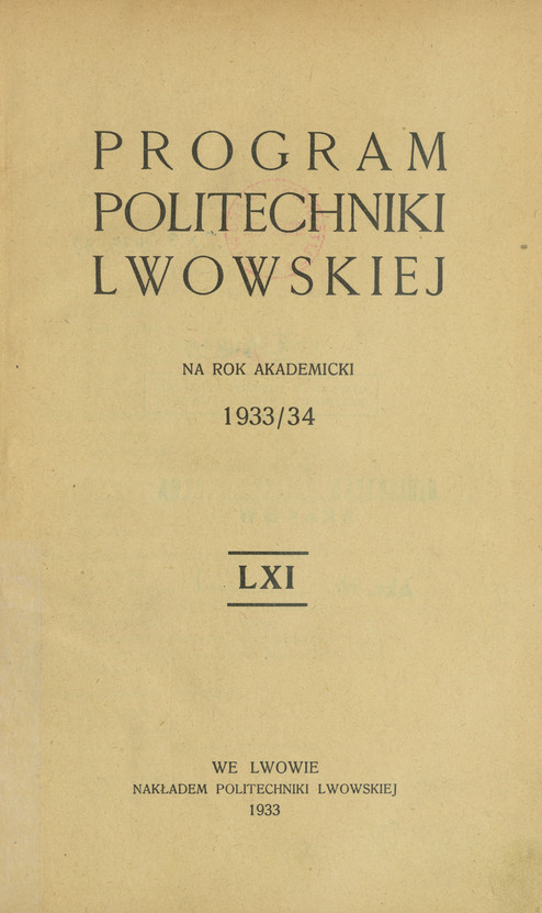 Program Politechniki Lwowskiej : na rok akademicki 1933/34