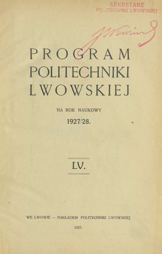 Program Politechniki Lwowskiej : na rok naukowy 1927/28