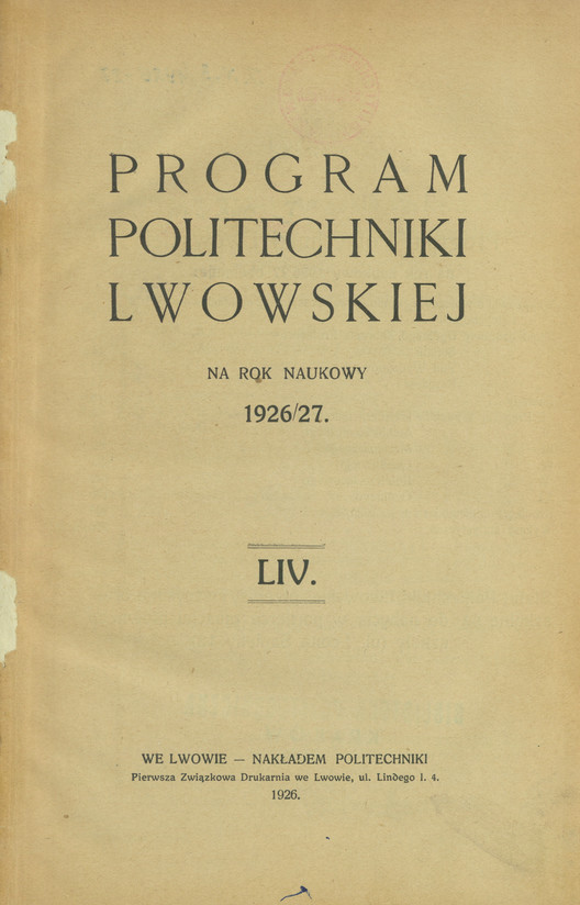 Program Politechniki Lwowskiej : na rok naukowy 1926/27