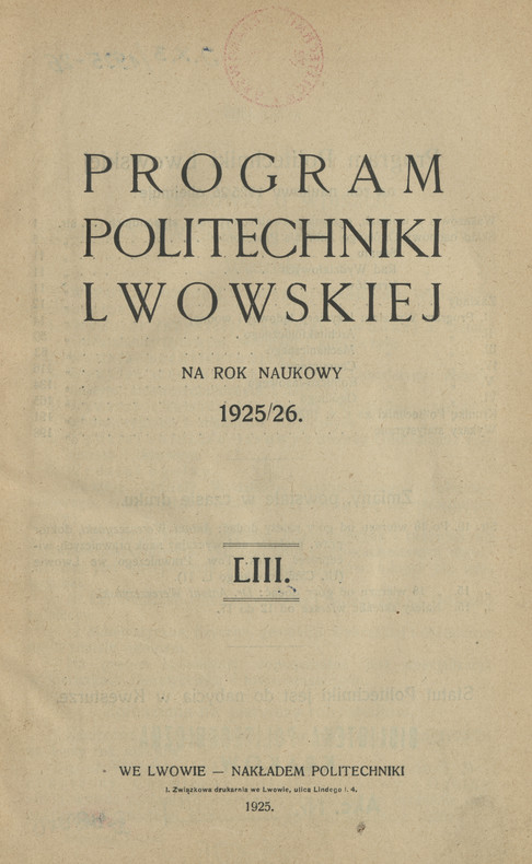 Program Politechniki Lwowskiej : na rok naukowy 1925/26