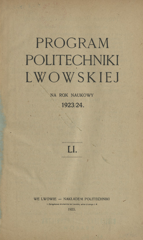 Program Politechniki Lwowskiej : na rok naukowy 1923/24