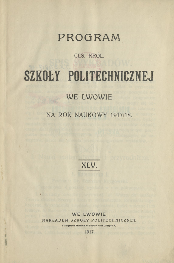 Program Ces. Król. Szkoły Politechnicznej we Lwowie : na rok naukowy 1917/18