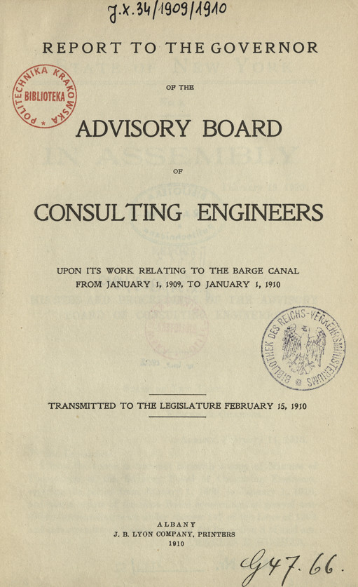 Report to the governor of the Advisory board of consulting engineers upon its work relating to the barge canal from January 1, 1909, to January 1, 1910
