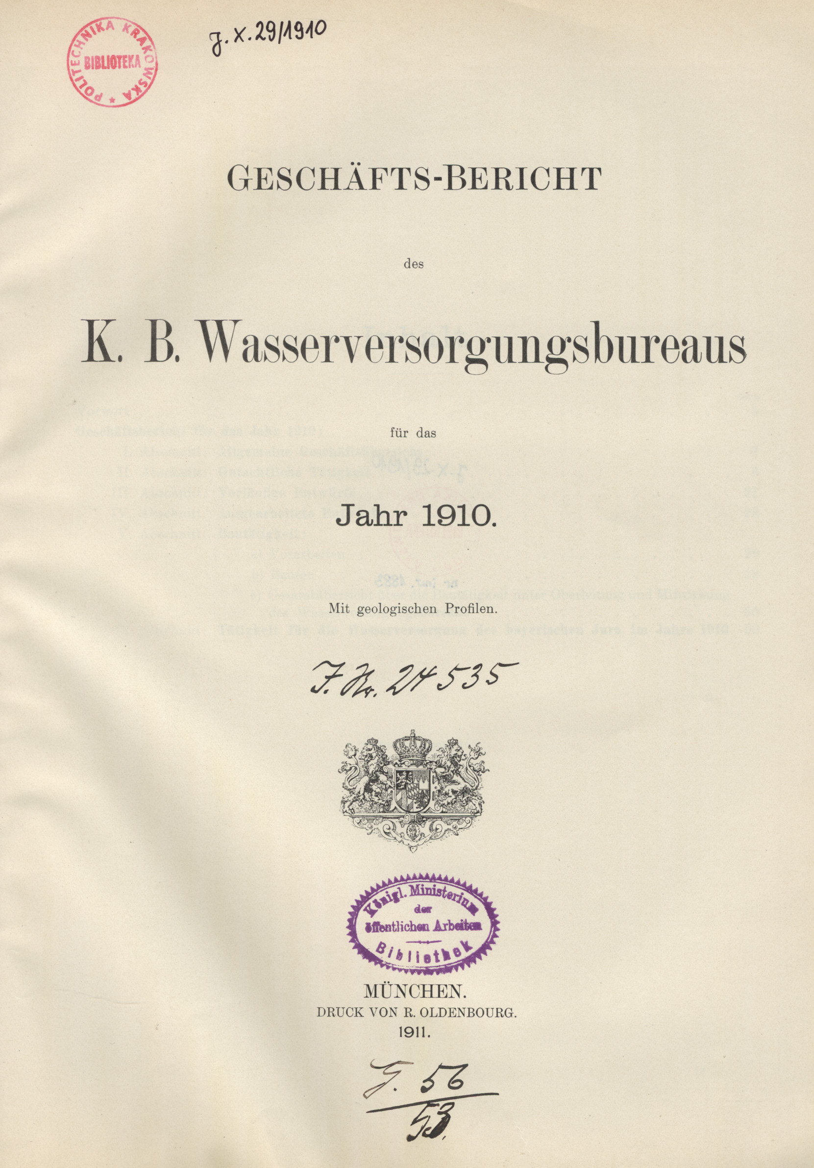 Geschäfts-Bericht des K.B. Wasserversorgungsbureaus : für das Jahr 1910