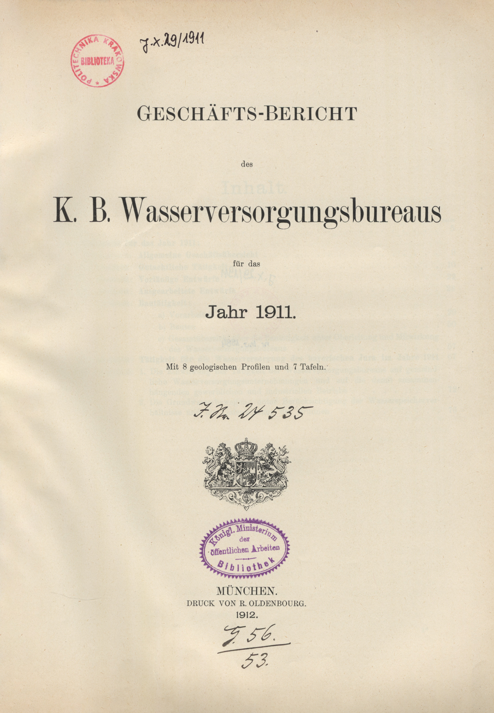 Geschäfts-Bericht des K.B. Wasserversorgungsbureaus : für das Jahr 1911