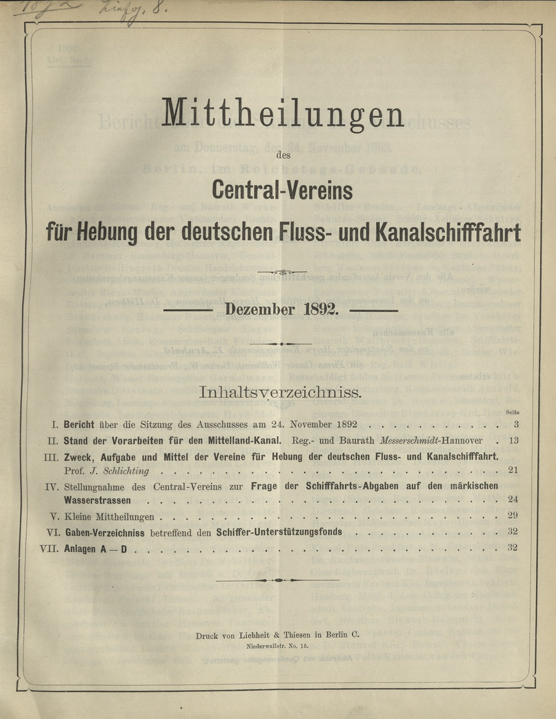 Mittheilungen des Central-Vereins für Hebung der Deutschen Fluss- und Kanalschifffahrt : Jahrgang 1892, No. 8