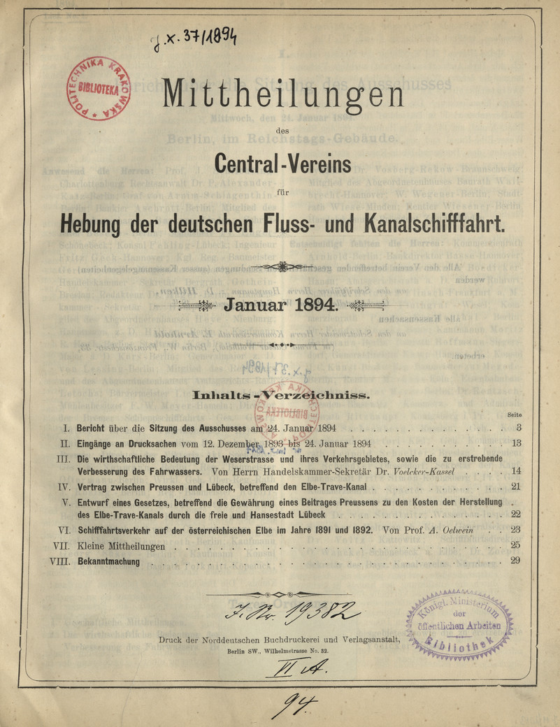 Mittheilungen des Central-Vereins für Hebung der Deutschen Fluss- und Kanalschifffahrt : Jahrgang 1894, No. 1