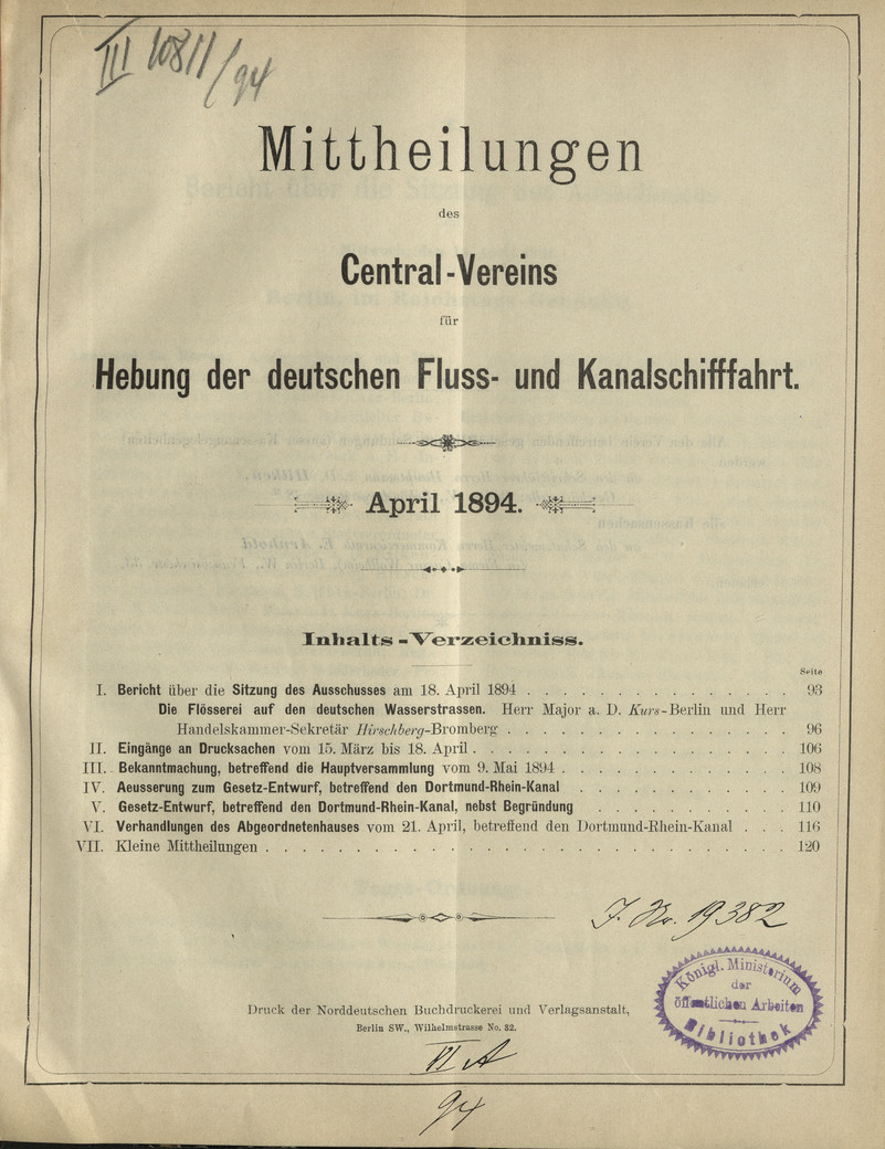 Mittheilungen des Central-Vereins für Hebung der Deutschen Fluss- und Kanalschifffahrt : Jahrgang 1894, No. 4