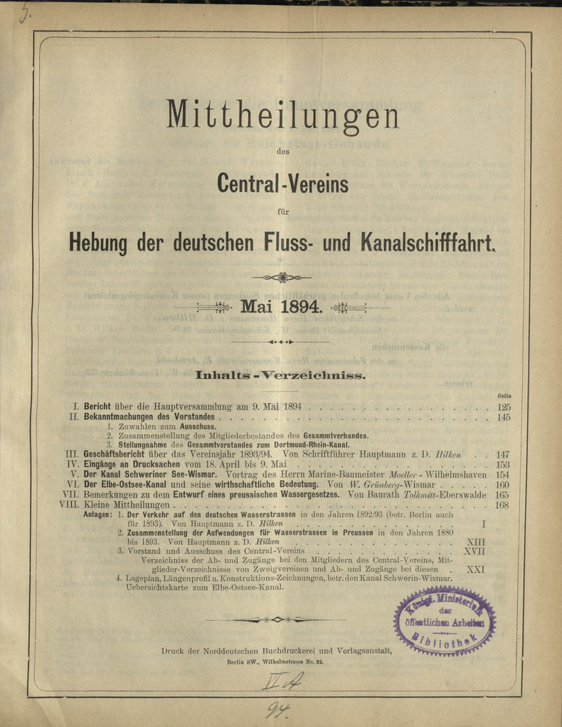 Mittheilungen des Central-Vereins für Hebung der Deutschen Fluss- und Kanalschifffahrt : Jahrgang 1894, No. 5