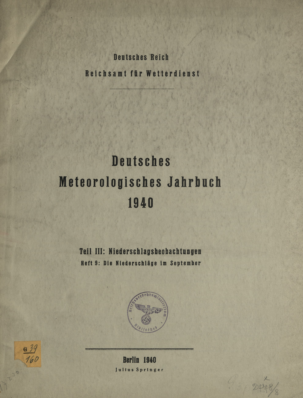 Deutsches meteorologisches Jahrbuch 1940 : Tl. 3, H. 9