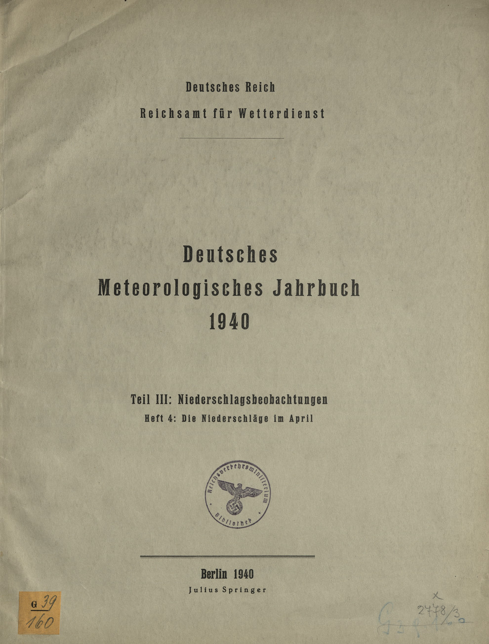 Deutsches meteorologisches Jahrbuch 1940 : Tl. 3, H. 4