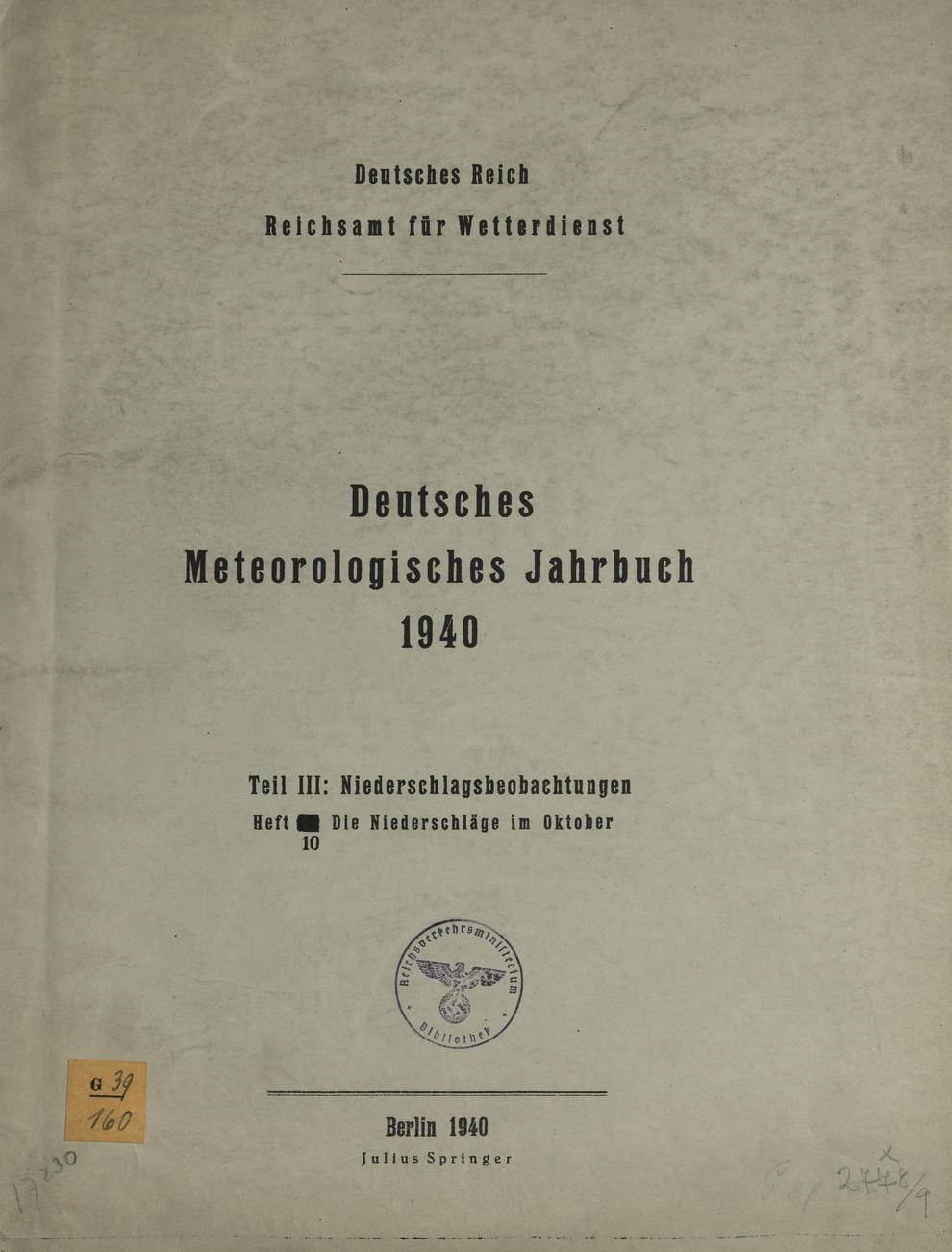 Deutsches meteorologisches Jahrbuch 1940 : Tl. 3, H. 10