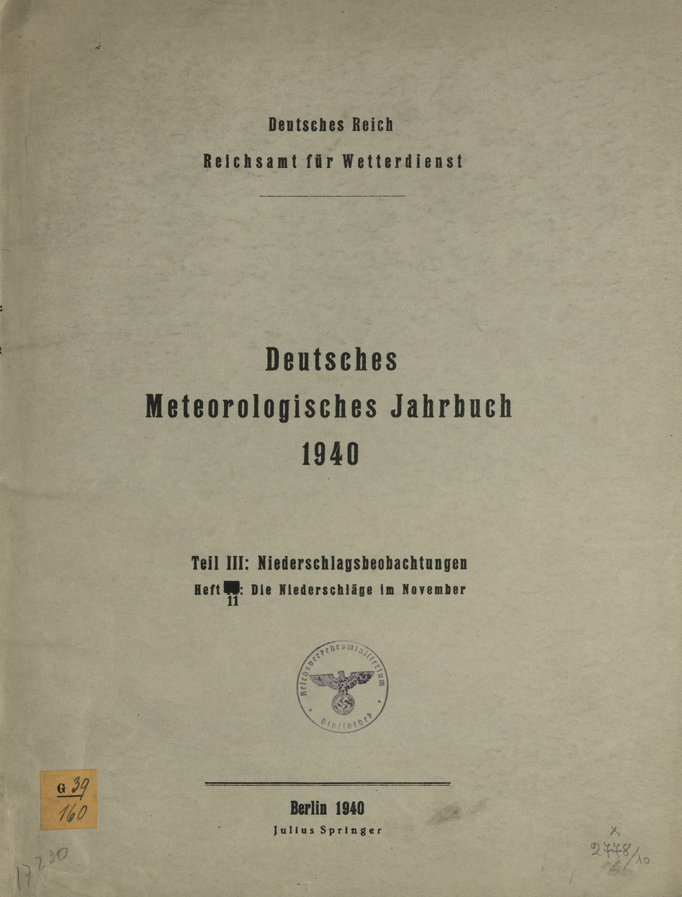 Deutsches meteorologisches Jahrbuch 1940 : Tl. 3, H. 11