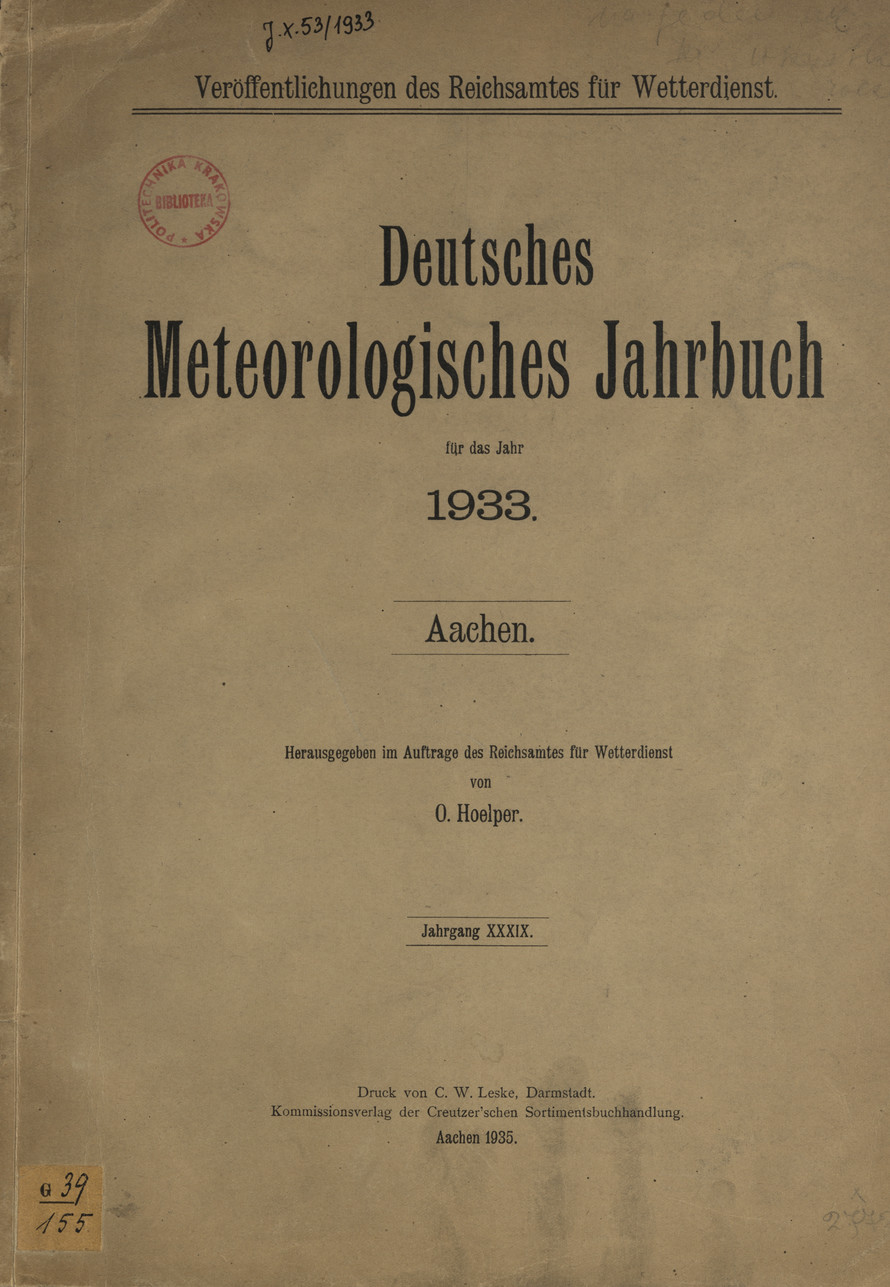 Deutsches meteorologisches Jahrbuch für das Jahr 1933. Aachen