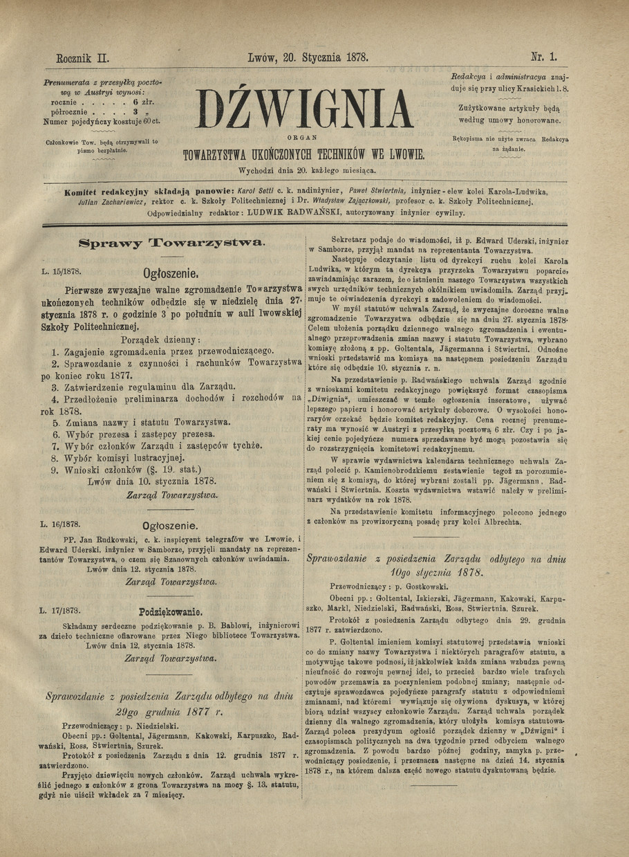 Dźwignia : organ Towarzystwa Ukończonych Techników we Lwowie, R.2 Nr 1