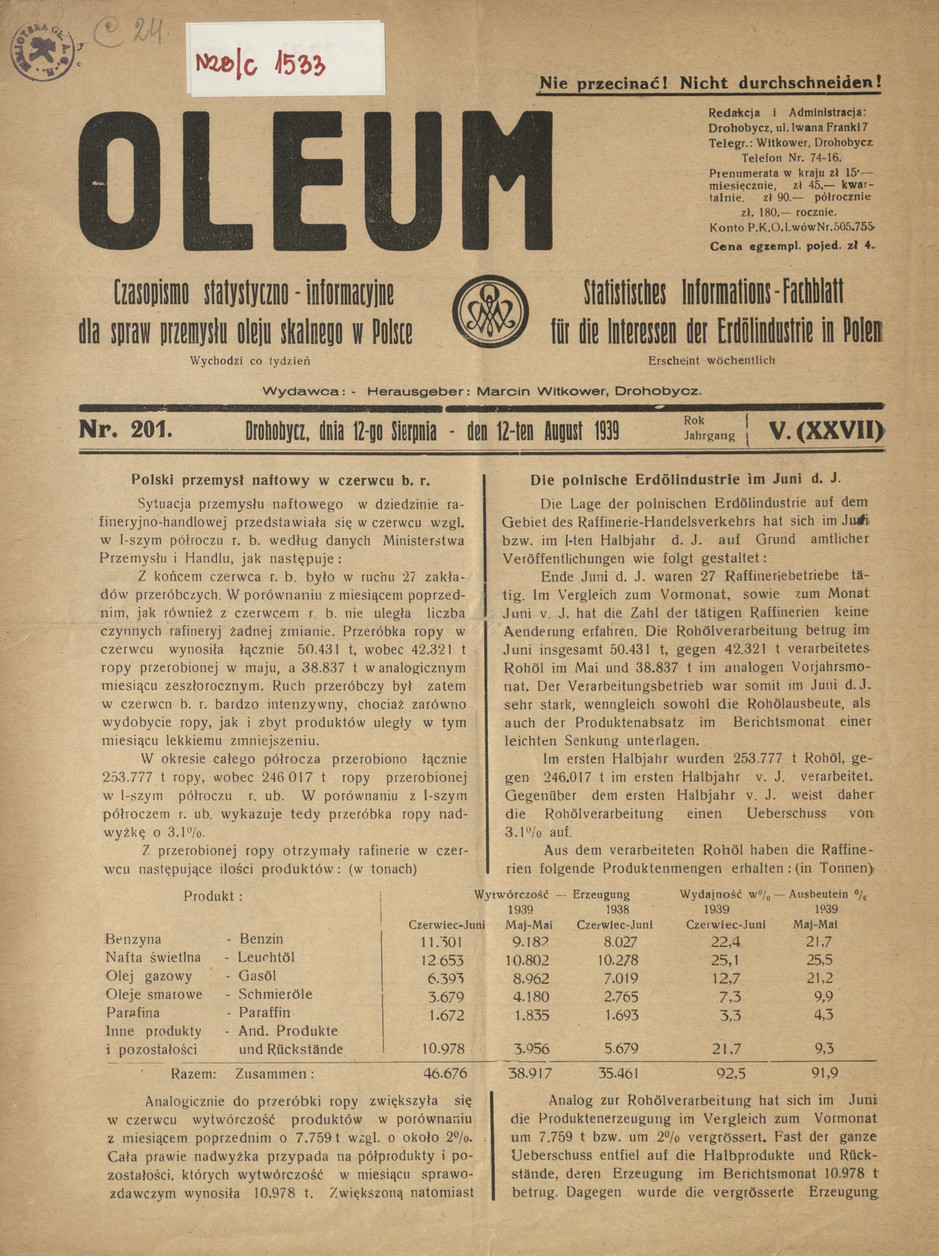 Oleum : czasopismo statystyczno-informacyjne dla spraw przemysłu oleju skalnego w Polsce, R. 5, nr 201