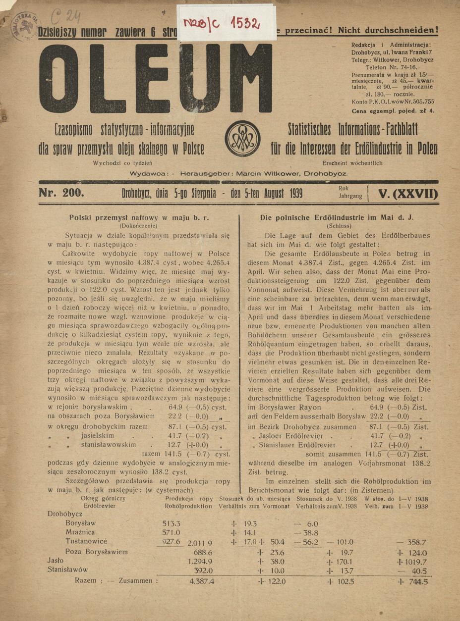 Oleum : czasopismo statystyczno-informacyjne dla spraw przemysłu oleju skalnego w Polsce, R. 5, nr 200