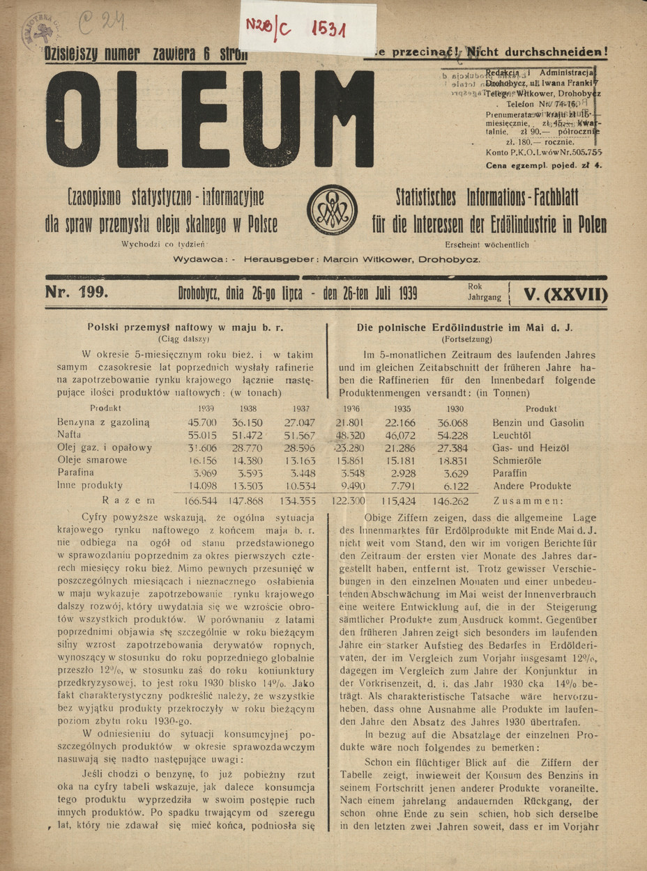 Oleum : czasopismo statystyczno-informacyjne dla spraw przemysłu oleju skalnego w Polsce, R. 5, nr 199