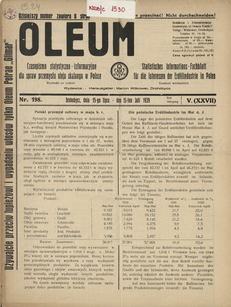 Oleum : czasopismo statystyczno-informacyjne dla spraw przemysłu oleju skalnego w Polsce, R. 5, nr 198