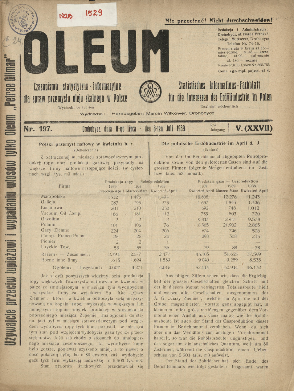 Oleum : czasopismo statystyczno-informacyjne dla spraw przemysłu oleju skalnego w Polsce, R. 5, nr 197