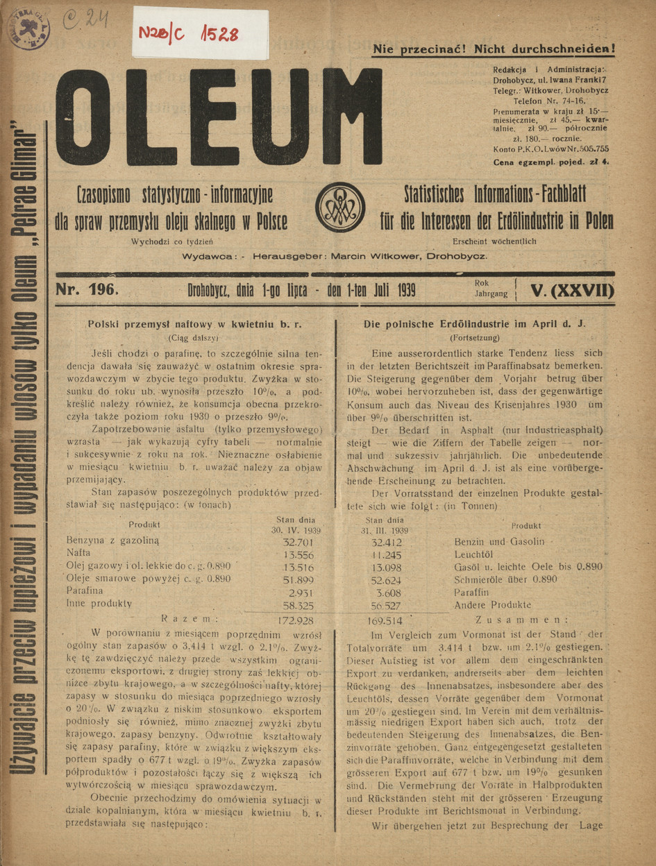 Oleum : czasopismo statystyczno-informacyjne dla spraw przemysłu oleju skalnego w Polsce, R. 5, nr 196