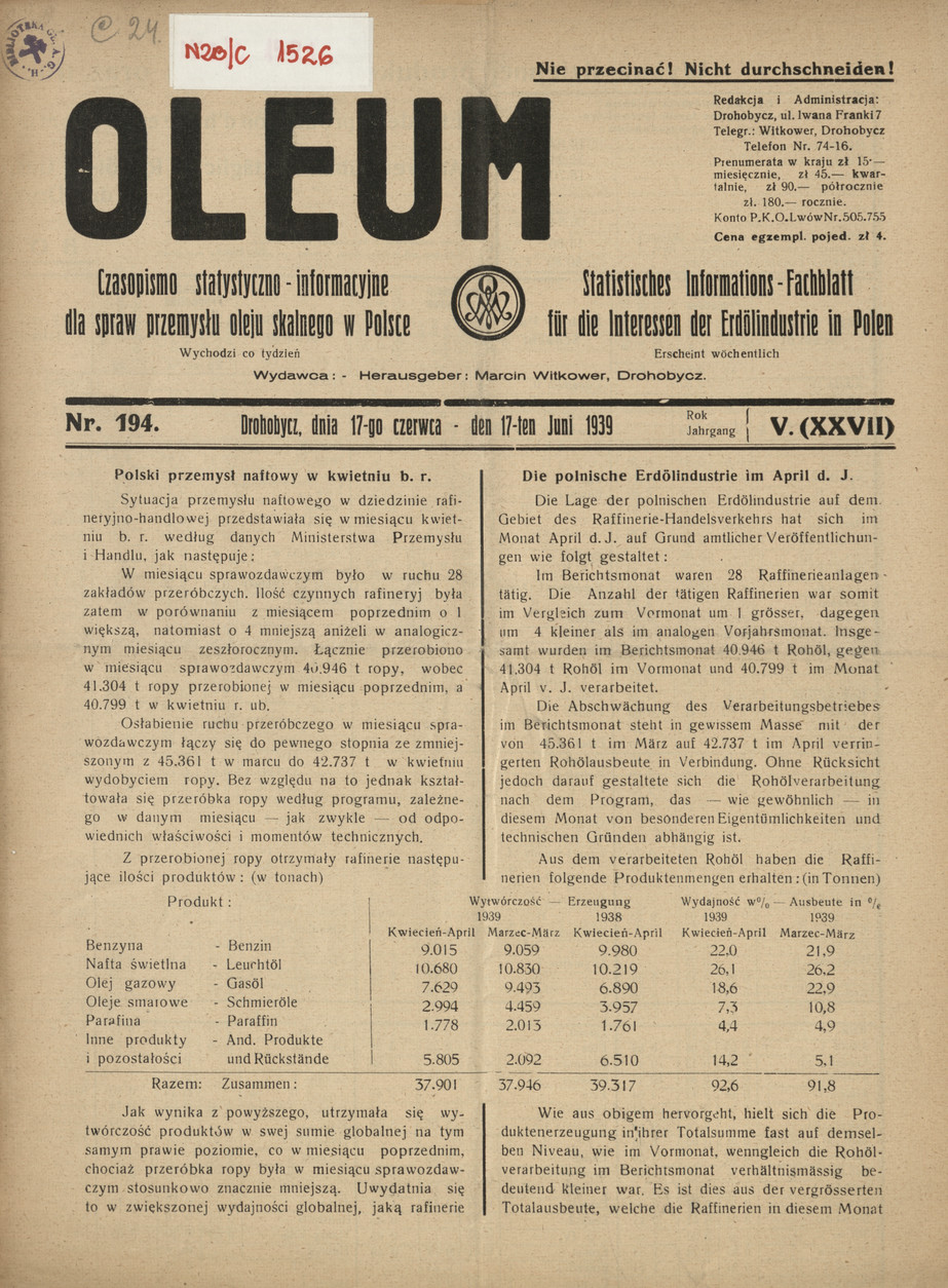 Oleum : czasopismo statystyczno-informacyjne dla spraw przemysłu oleju skalnego w Polsce, R. 5, nr 194