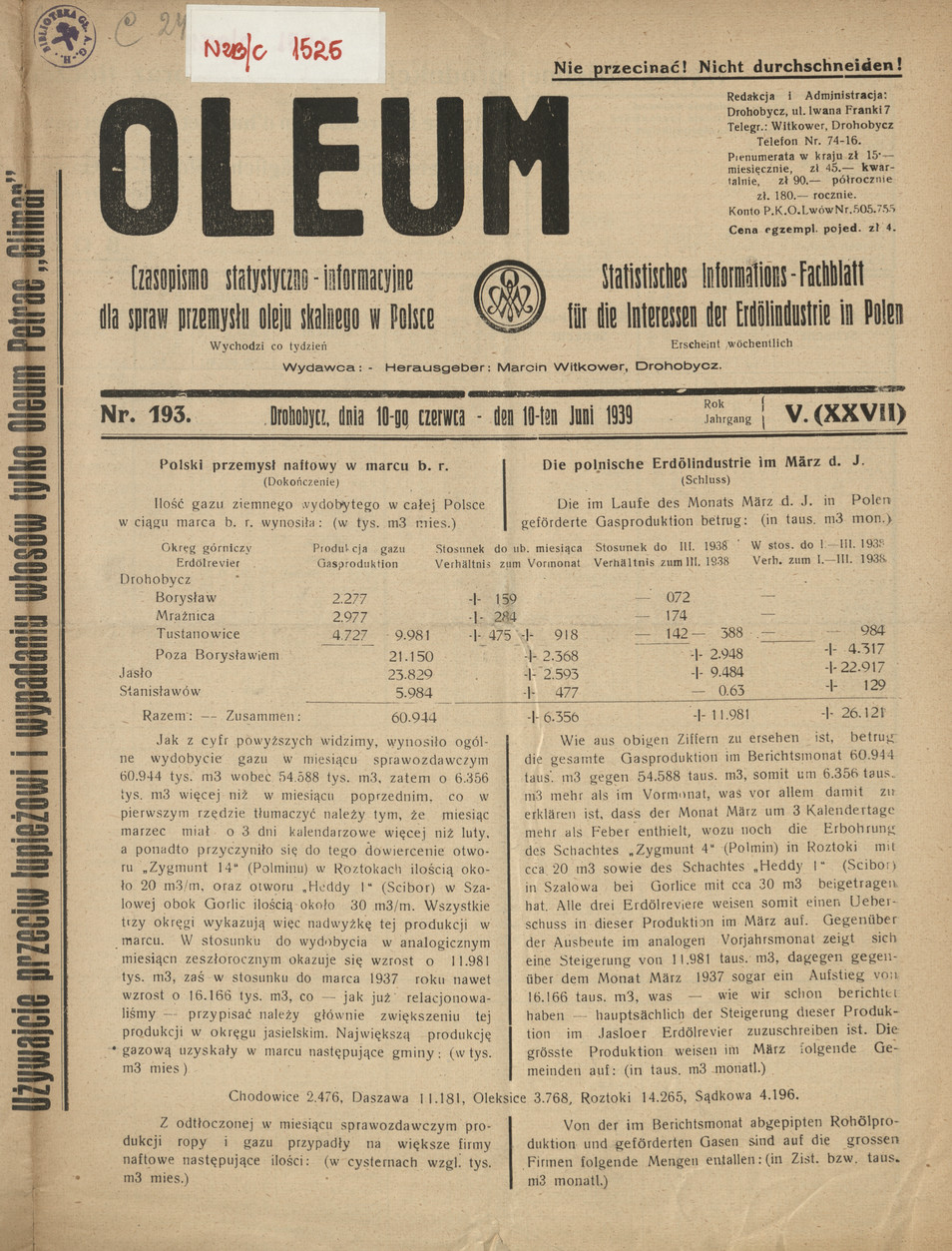 Oleum : czasopismo statystyczno-informacyjne dla spraw przemysłu oleju skalnego w Polsce, R. 5, nr 193