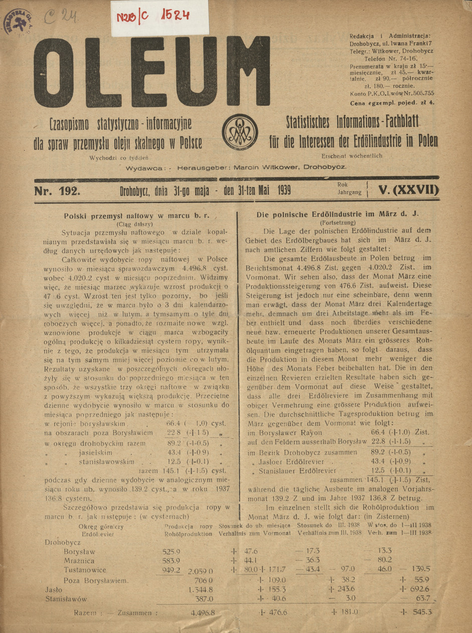 Oleum : czasopismo statystyczno-informacyjne dla spraw przemysłu oleju skalnego w Polsce, R. 5, nr 192