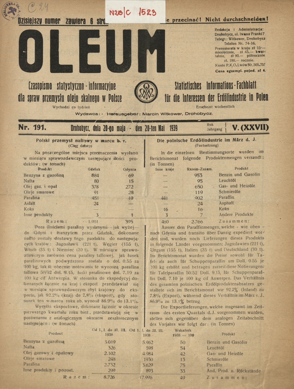 Oleum : czasopismo statystyczno-informacyjne dla spraw przemysłu oleju skalnego w Polsce, R. 5, nr 191
