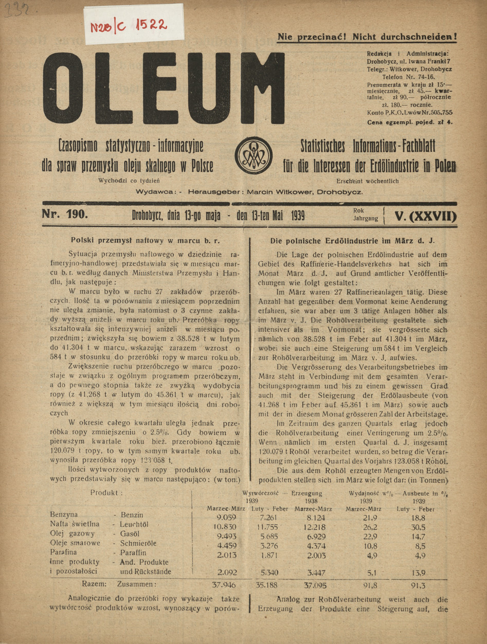 Oleum : czasopismo statystyczno-informacyjne dla spraw przemysłu oleju skalnego w Polsce, R. 5, nr 190