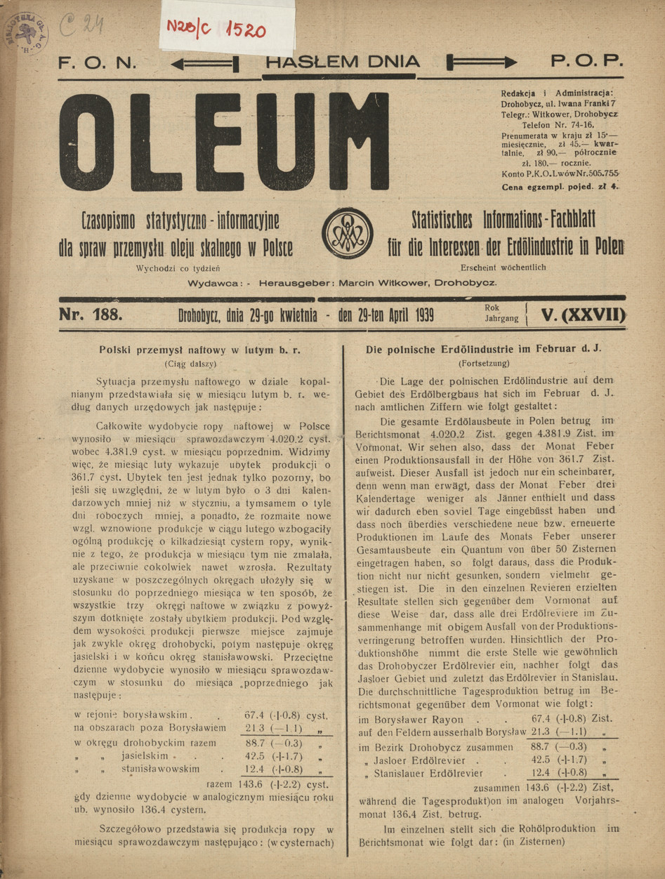 Oleum : czasopismo statystyczno-informacyjne dla spraw przemysłu oleju skalnego w Polsce, R. 5, nr 188