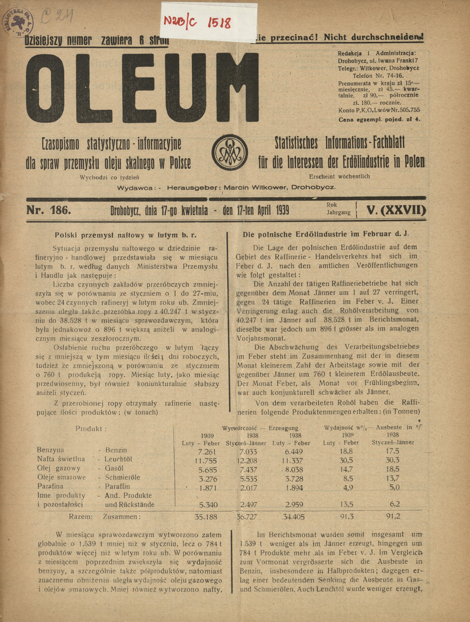 Oleum : czasopismo statystyczno-informacyjne dla spraw przemysłu oleju skalnego w Polsce, R. 5, nr 186