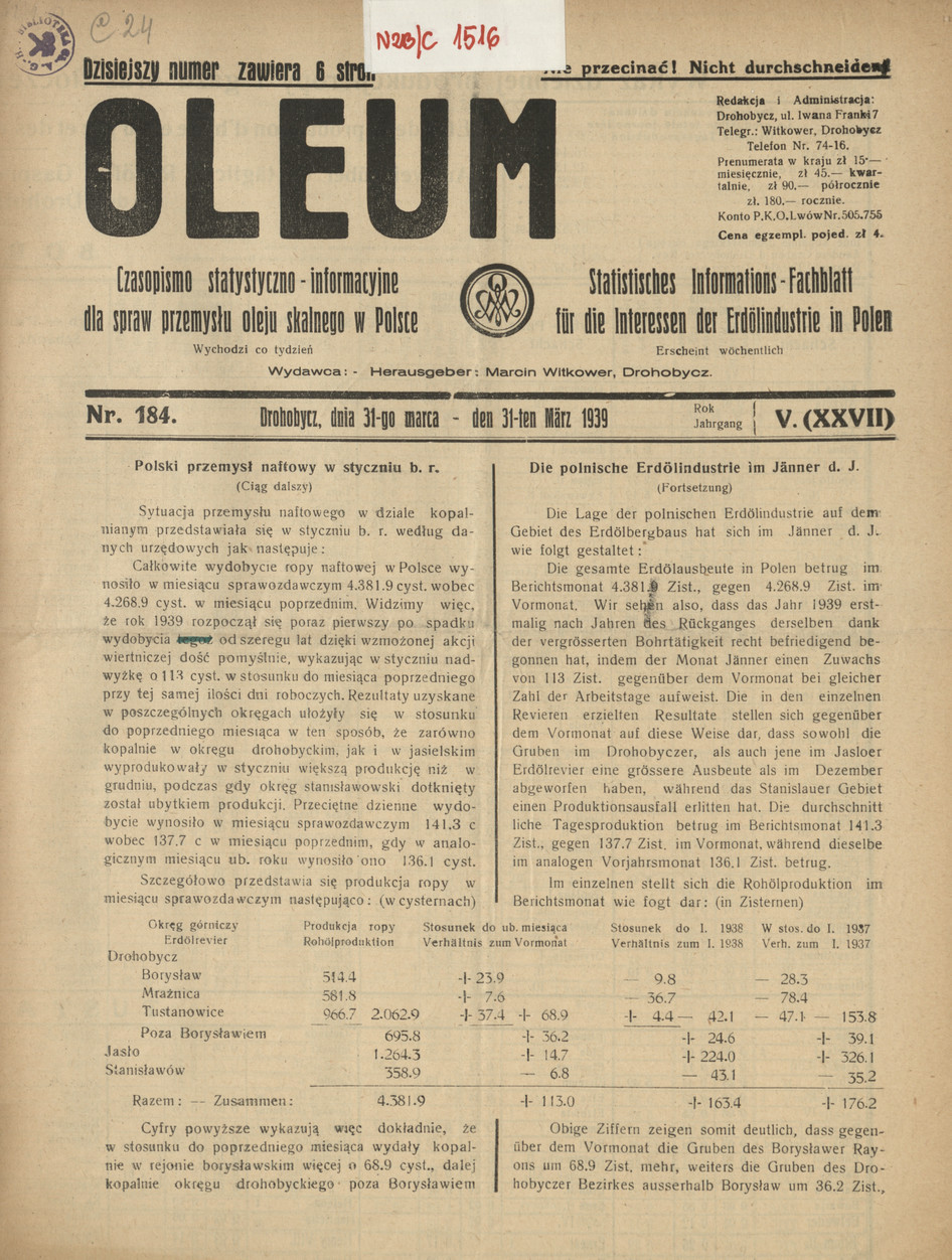 Oleum : czasopismo statystyczno-informacyjne dla spraw przemysłu oleju skalnego w Polsce, R. 5, nr 184