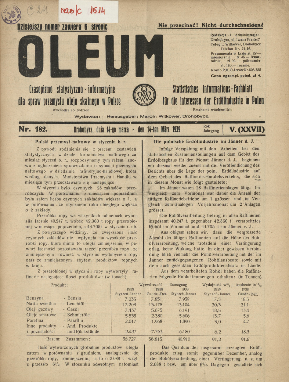 Oleum : czasopismo statystyczno-informacyjne dla spraw przemysłu oleju skalnego w Polsce, R. 5, nr 182