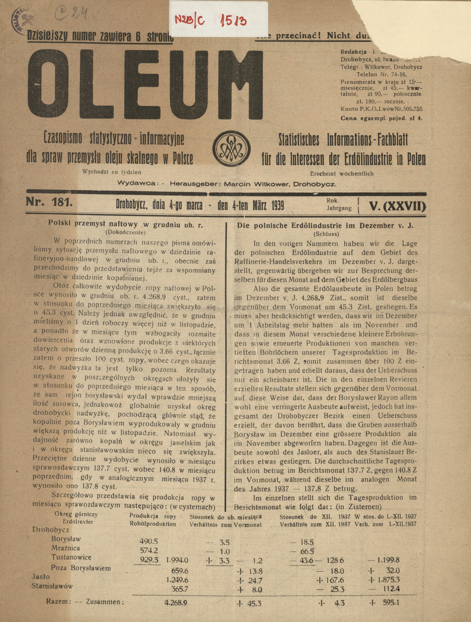 Oleum : czasopismo statystyczno-informacyjne dla spraw przemysłu oleju skalnego w Polsce, R. 5, nr 181