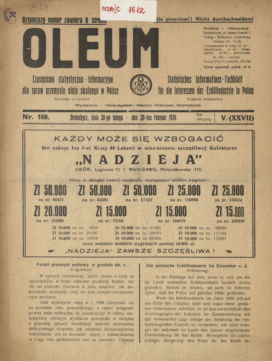 Oleum : czasopismo statystyczno-informacyjne dla spraw przemysłu oleju skalnego w Polsce, R. 5, nr 180