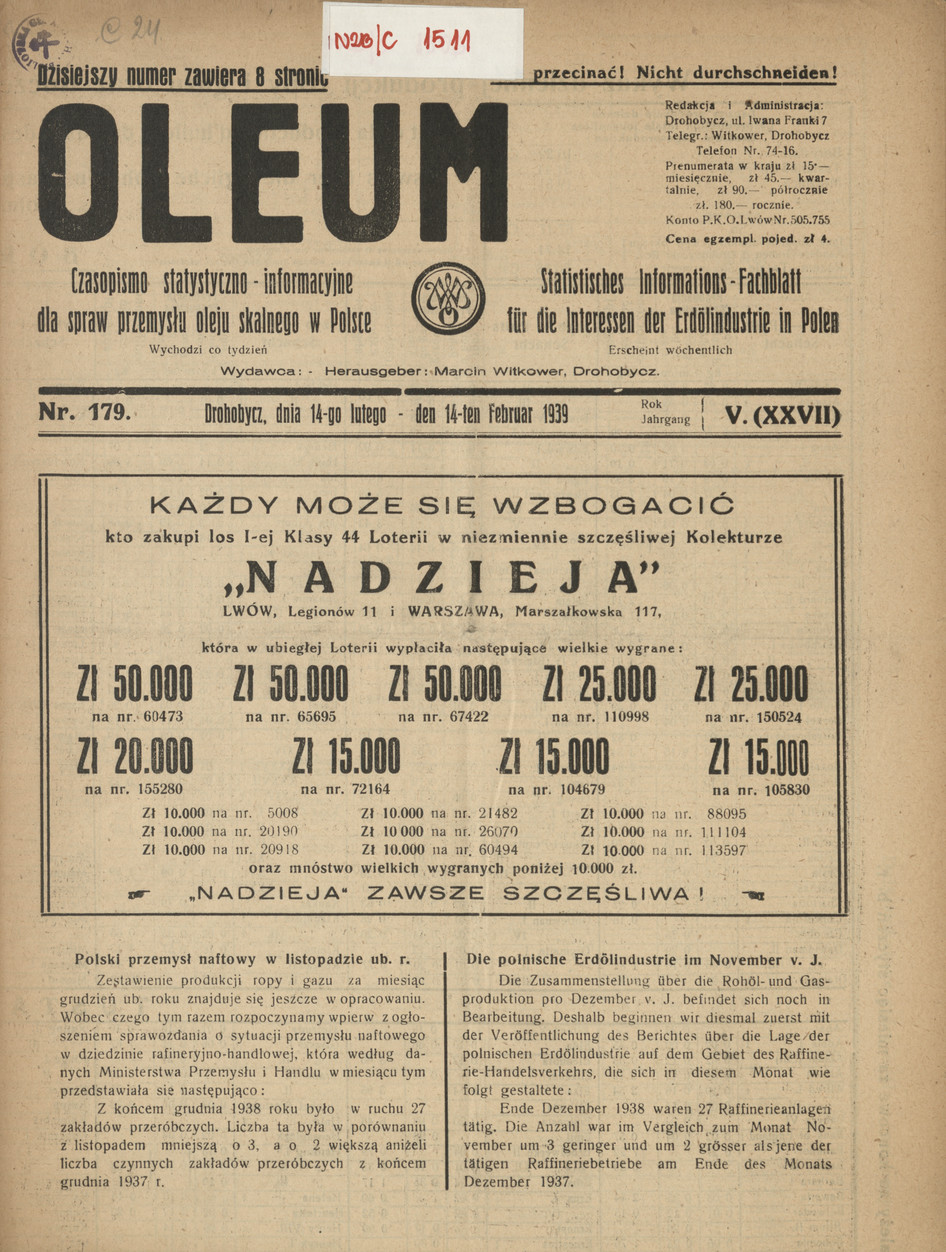 Oleum : czasopismo statystyczno-informacyjne dla spraw przemysłu oleju skalnego w Polsce, R. 5, nr 179
