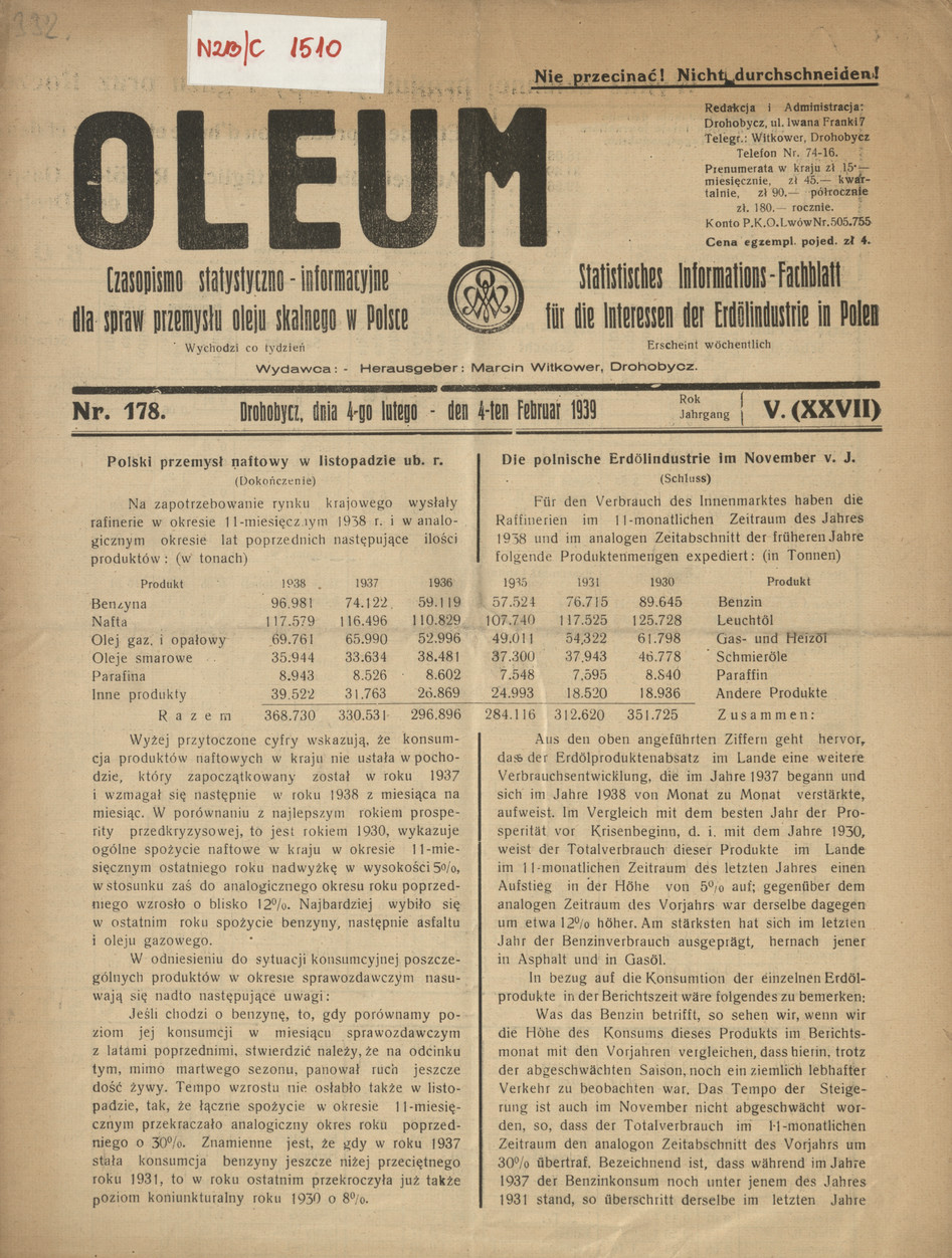 Oleum : czasopismo statystyczno-informacyjne dla spraw przemysłu oleju skalnego w Polsce, R. 5, nr 178