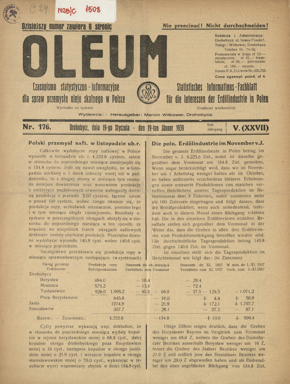 Oleum : czasopismo statystyczno-informacyjne dla spraw przemysłu oleju skalnego w Polsce, R. 5, nr 176
