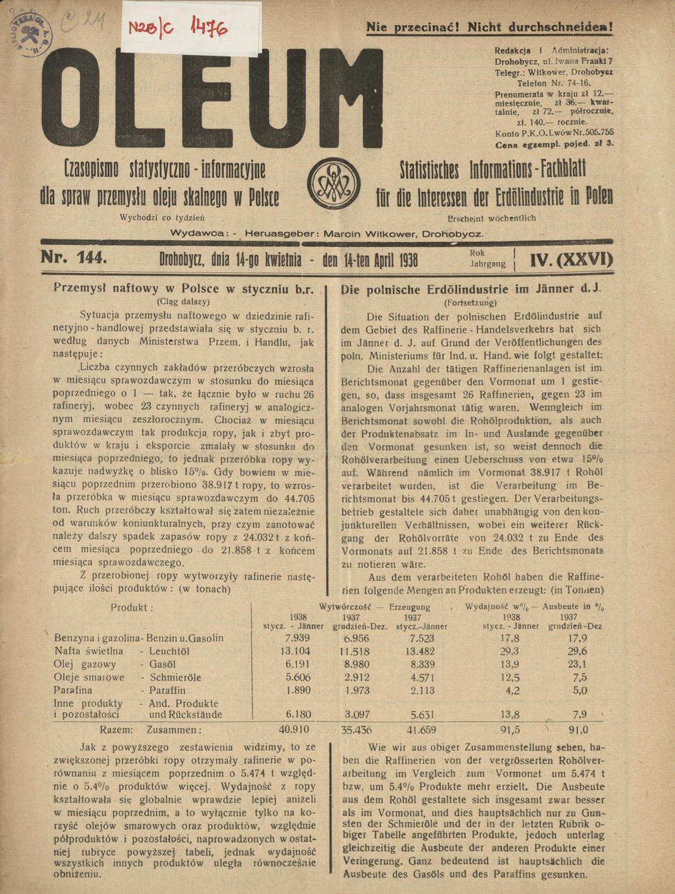 Oleum : czasopismo statystyczno-informacyjne dla spraw przemysłu oleju skalnego w Polsce, R. 4, nr 144