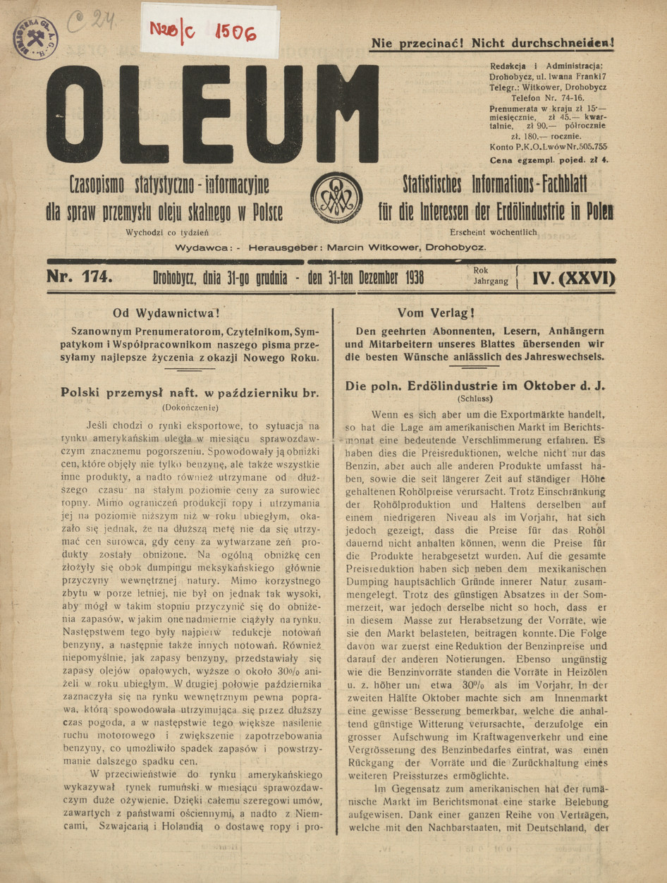 Oleum : czasopismo statystyczno-informacyjne dla spraw przemysłu oleju skalnego w Polsce, R. 4, nr 174