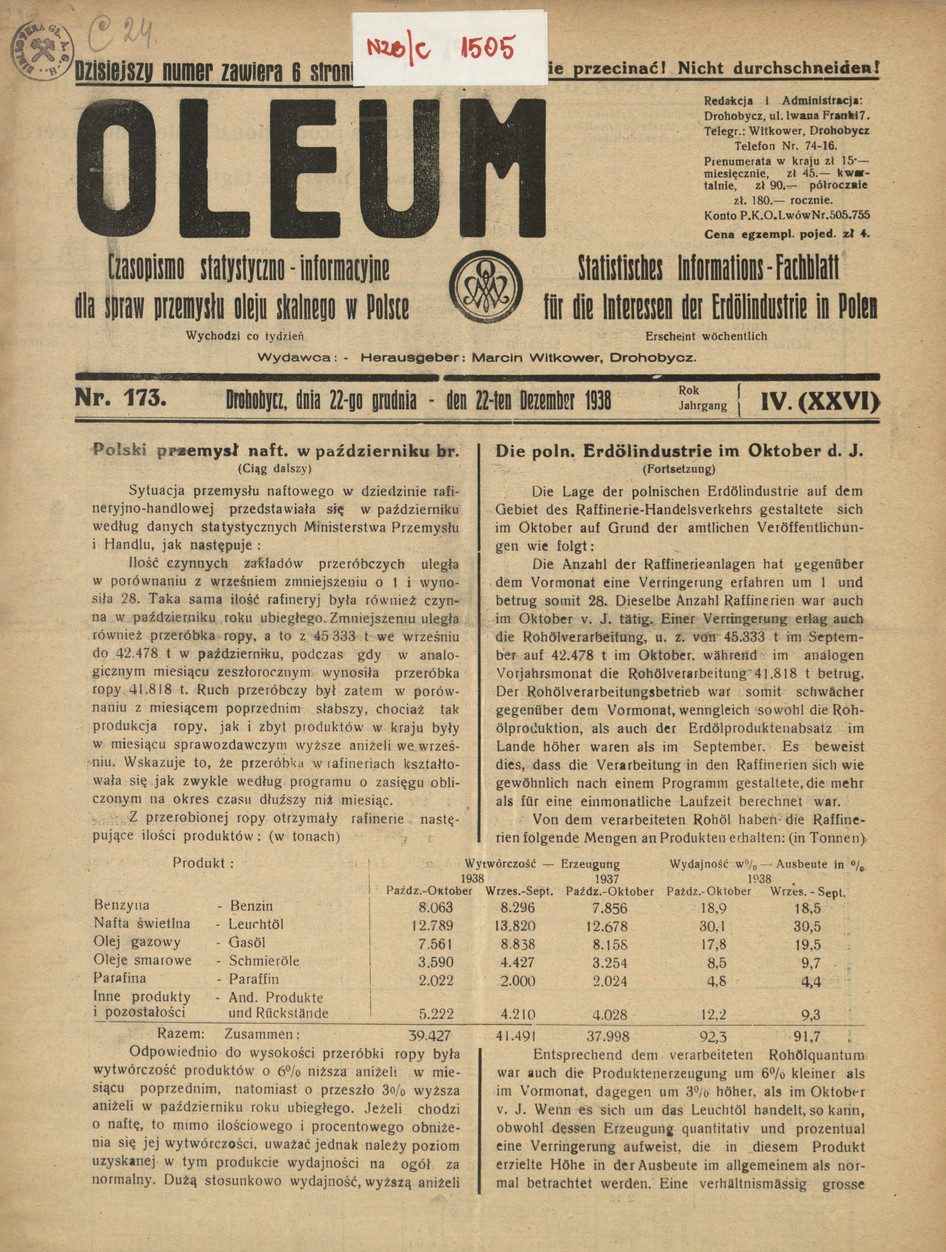 Oleum : czasopismo statystyczno-informacyjne dla spraw przemysłu oleju skalnego w Polsce, R. 4, nr 173