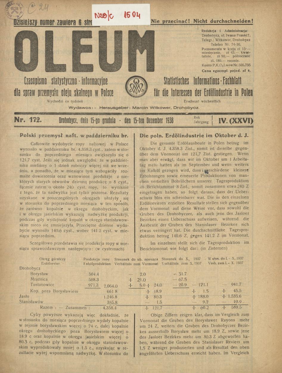 Oleum : czasopismo statystyczno-informacyjne dla spraw przemysłu oleju skalnego w Polsce, R. 4, nr 172