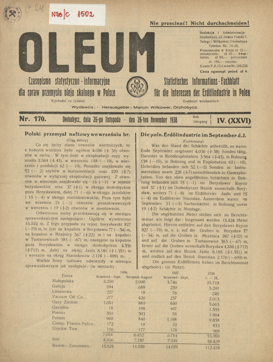 Oleum : czasopismo statystyczno-informacyjne dla spraw przemysłu oleju skalnego w Polsce, R. 4, nr 170
