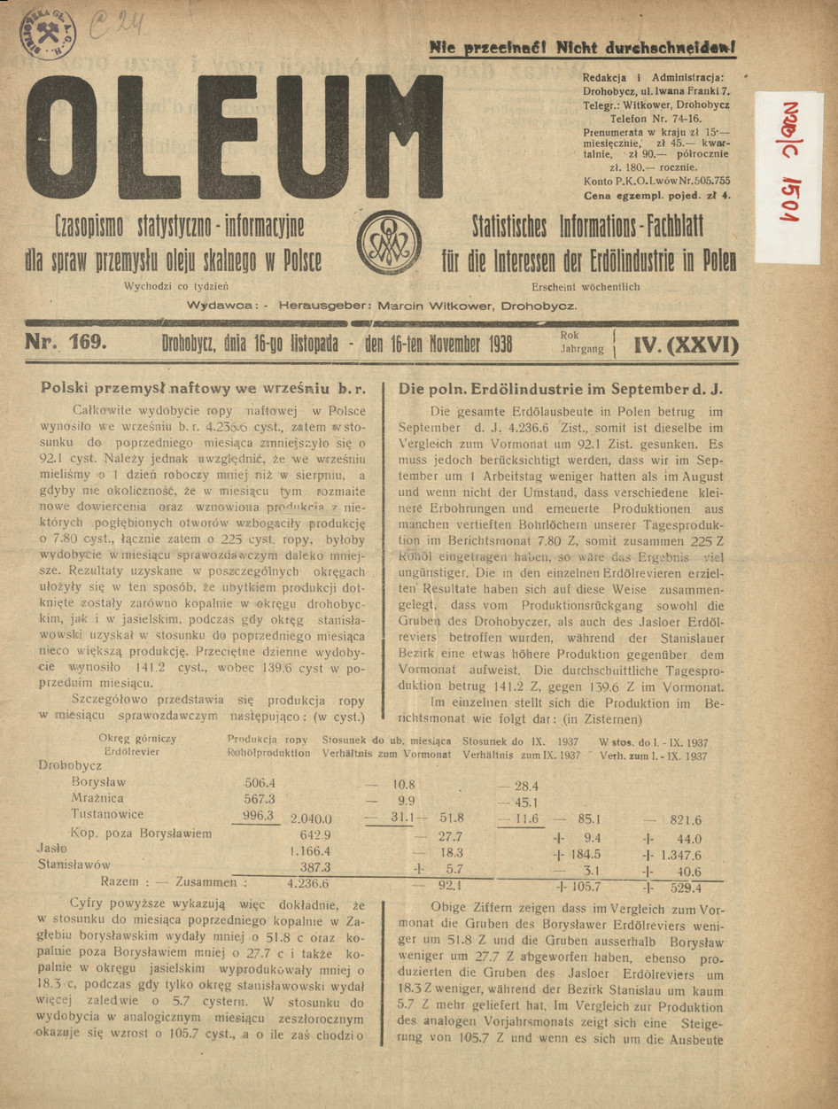 Oleum : czasopismo statystyczno-informacyjne dla spraw przemysłu oleju skalnego w Polsce, R. 4, nr 169