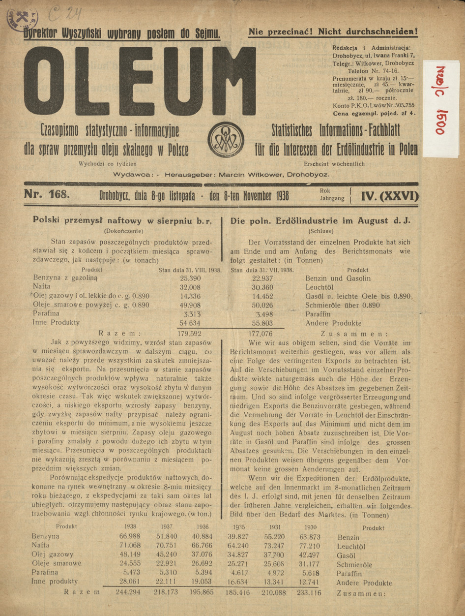 Oleum : czasopismo statystyczno-informacyjne dla spraw przemysłu oleju skalnego w Polsce, R. 4, nr 168