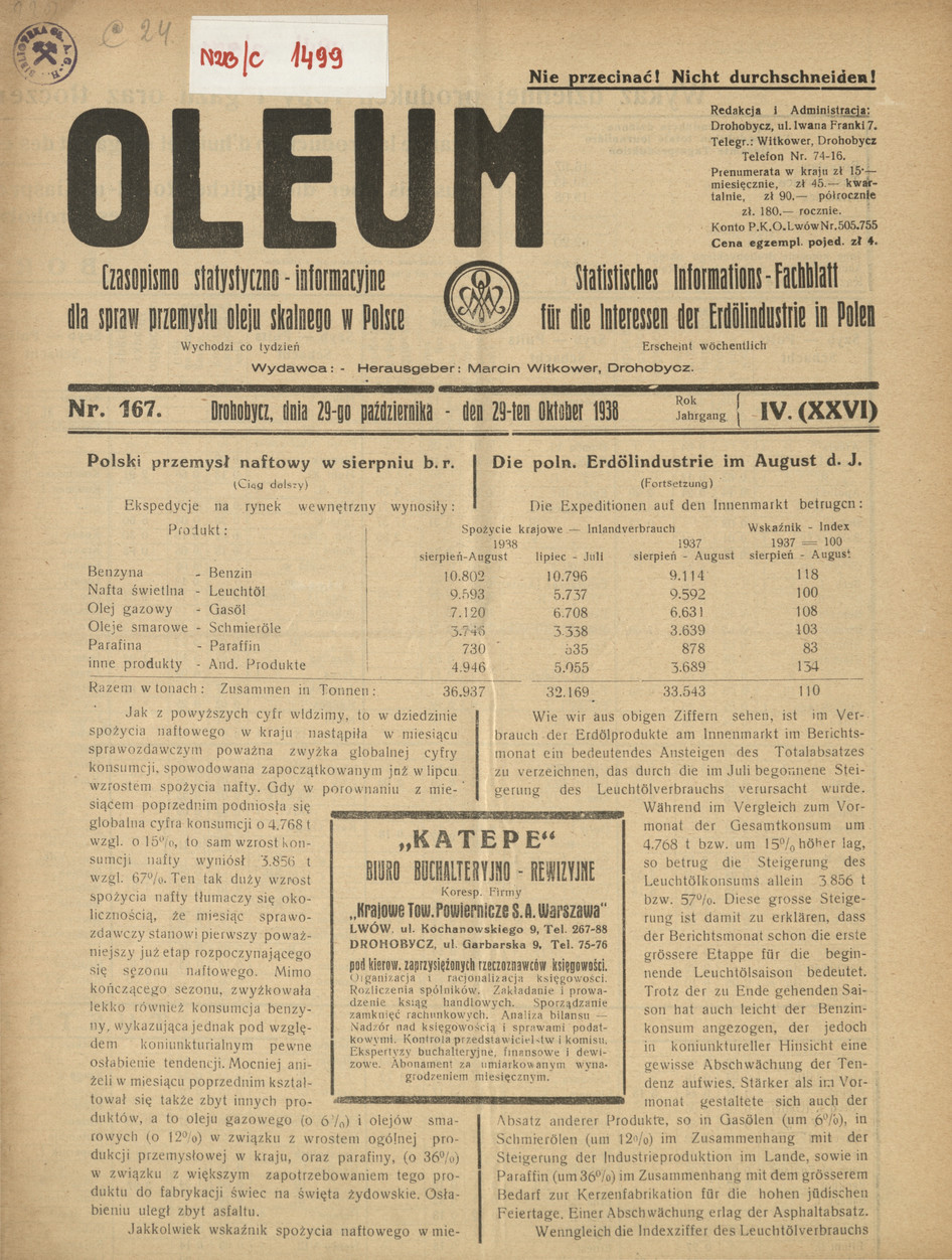 Oleum : czasopismo statystyczno-informacyjne dla spraw przemysłu oleju skalnego w Polsce, R. 4, nr 167