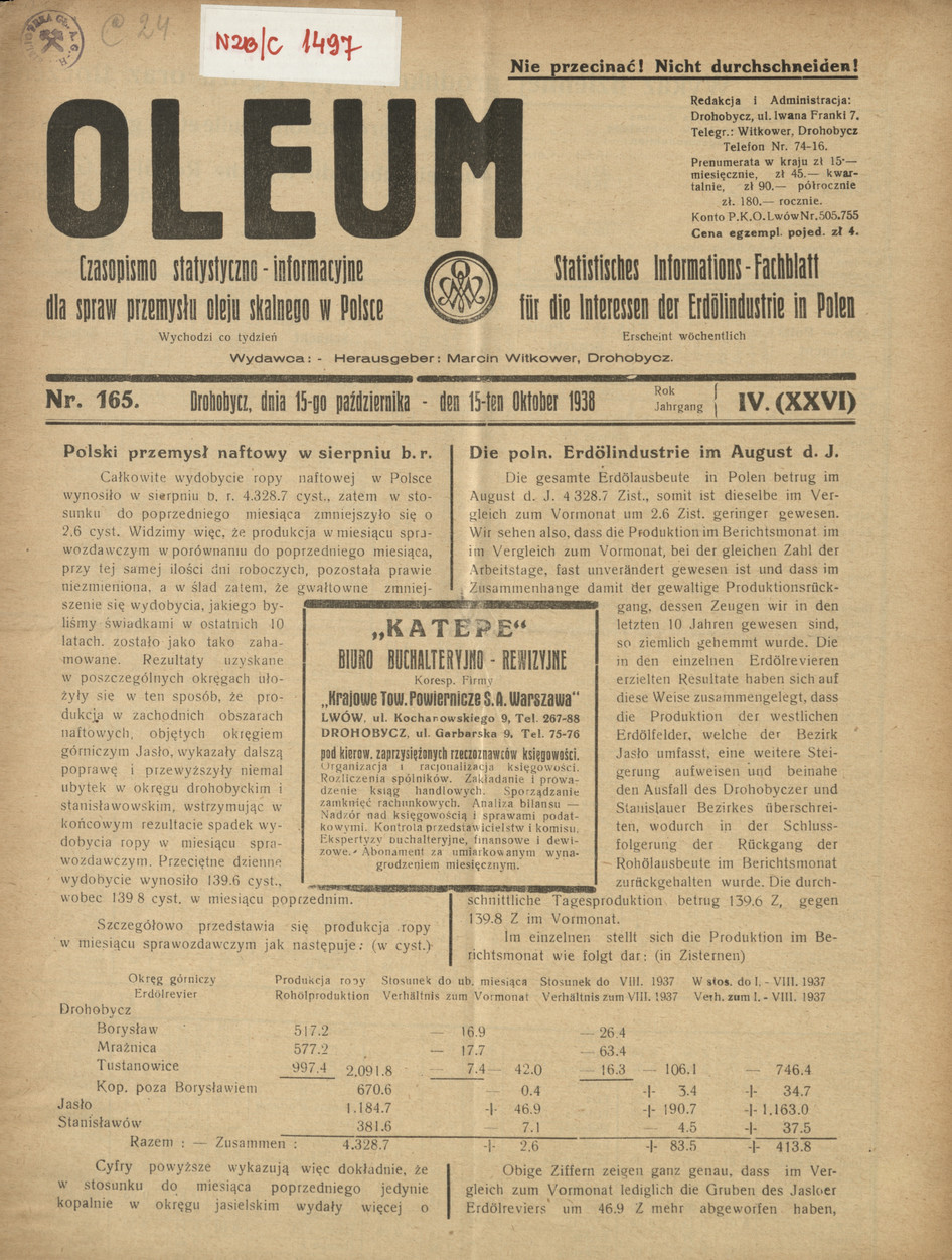 Oleum : czasopismo statystyczno-informacyjne dla spraw przemysłu oleju skalnego w Polsce, R. 4, nr 165