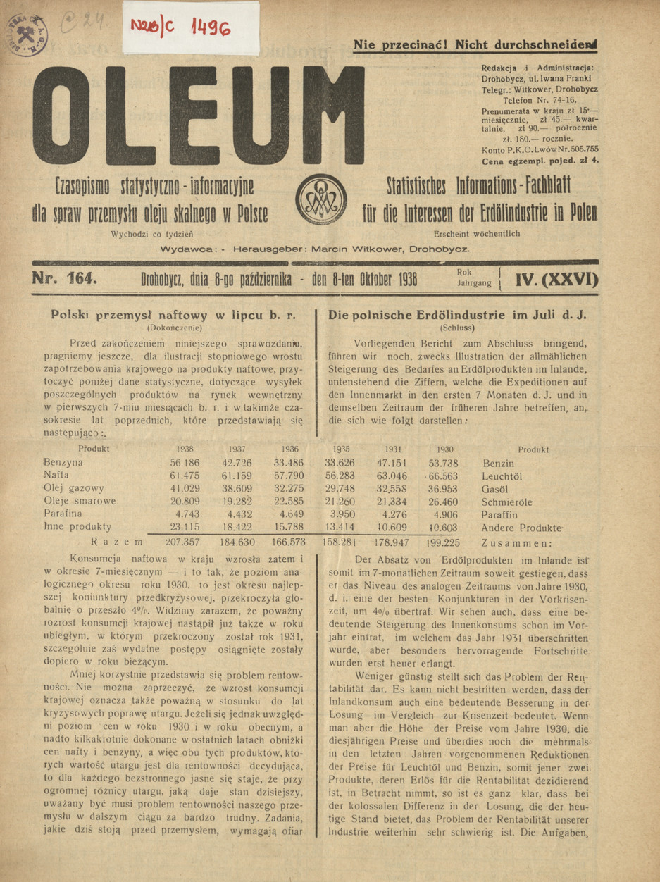 Oleum : czasopismo statystyczno-informacyjne dla spraw przemysłu oleju skalnego w Polsce, R. 4, nr 164